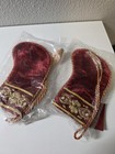 2 Burgundy Velvet Christmas Stockings, Gold Trim, Embroidered Christmas Theme — photo 2