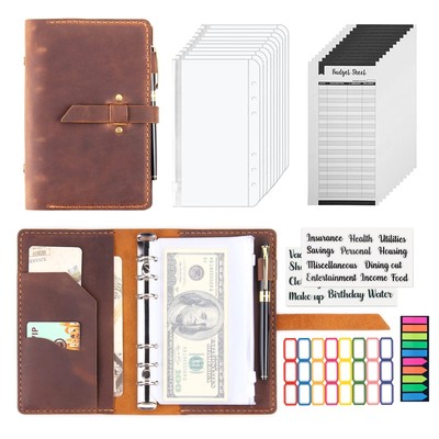 Leather Binder Budget with Cash Envelopes, Handmade Leather A6 Binder for Mon...