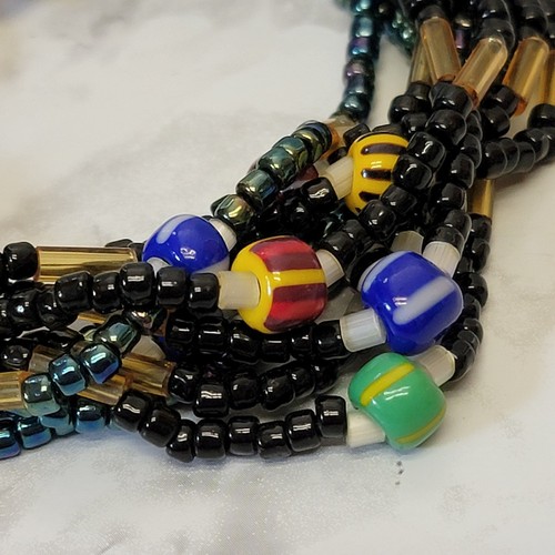 Black Multi Strand Beaded Bracelet Seed Beads Multicolor Boho Funky Statement - Picture 2 of 6