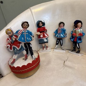Felt Ice Skaters Vintage Christmas Doll Japan Decor 1960s Music Box Carolers