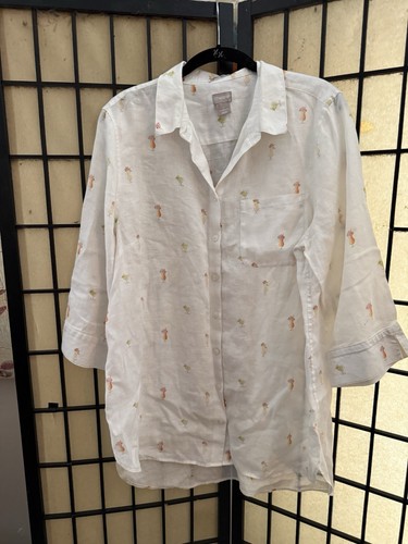 Chico's Women's Blouse White/Embroidery 3/4 Sleeve Collared Button-Up Sz 2