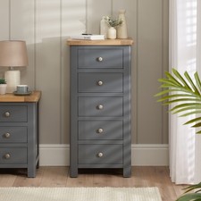 Image of Chest of 5 Drawers Marbury Slate Grey Painted Tallboy Narrow Oak Top Furniture