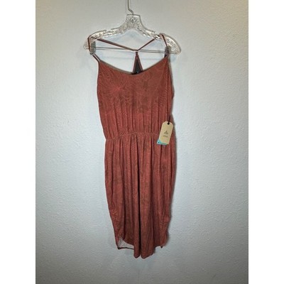 Prana Ayla Dress Roux Fronds Terracotta Leaf Print Racerback Midi Dress Womens L