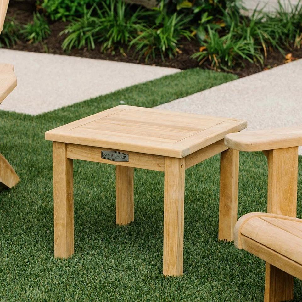 Mesa auxiliar Ash & Ember Sierra grado A de teca, mesa lijada a mano exterior de 18" de alto Foto 3 de 4