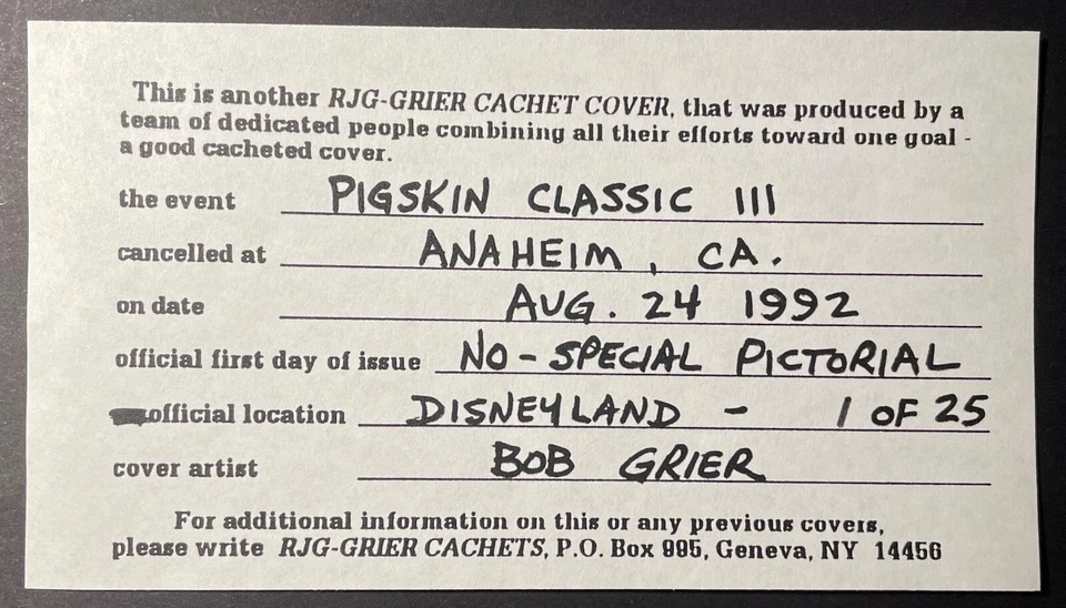 1992 Hand-Colored Cover - Football Pigskin Classic III - Bob Grier - Anaheim, CA - Image 2 of 2