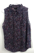 Women's AB Studio Blue Red White Floral Sheer Button Up Sleeveless Blouse Size L