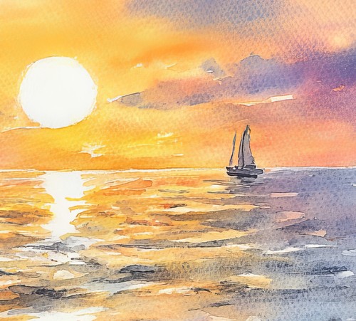 Radiant Ocean Sunset 5"x7" Print on Matte Paper | Serene Seascape Watercolor Art - Picture 6 of 7