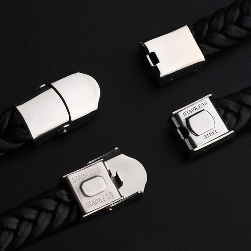 Herren Damen Jungen Edelstahl poliert ID schwarz PU Leder geflochten Armband 7,9" - Bild 3 von 5