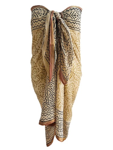 JARI 100% Cotton Voile Hand Block Print Silk Border Plus Size Sarong Cover-Up - Picture 57 of 65