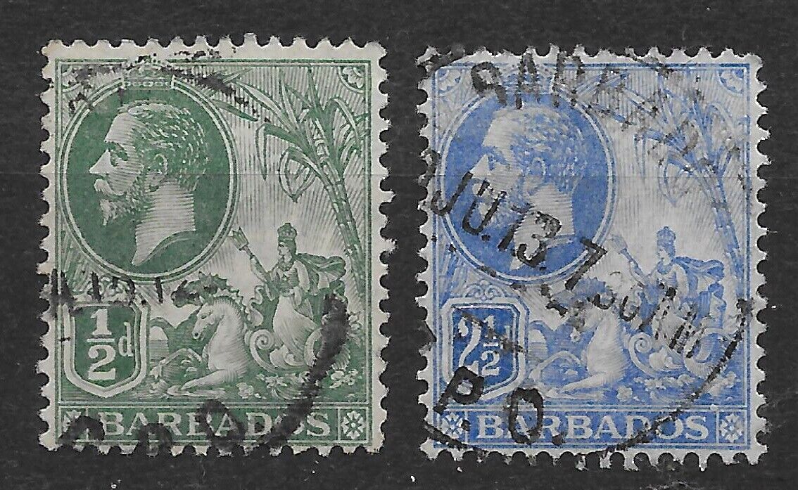 1912 BARBADOS Lot of Two KGV Used Stamps, WMK 3, Scott #117 &120