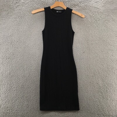 Zara Tank Dress Women S Black Ribbed Knit Round Neck Textured Bodycon  Sleeveless | eBay