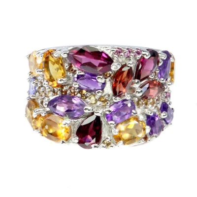 925 Sterlingsilber Ring Rhodolith Amethyst Citrin Natur Edelstein Schmuck Größe - Bild 1 von 4