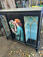 Black Wood & Glass 3-Door Display Cabinet, Glass Shelves, Painted Floral Panel