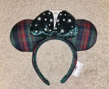 Disney Parks 2025 Christmas Mickey And Minnie Mouse Plaid Beads Ear Headband New