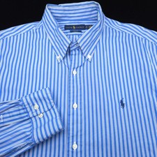 Polo Ralph Lauren Dress Shirt Mens 18 36/37 Slim Fit Blue White Stripe -Pony