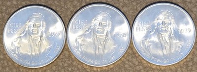 100 Pesos Jose Maria Morelos y Pavon 77, 78, and 79* Silver coins; frosty!