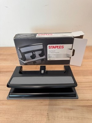 Staples One-Touch 3-Hole Punch Black/Silver Reduced Effort 30-Sheet Capacity Dur