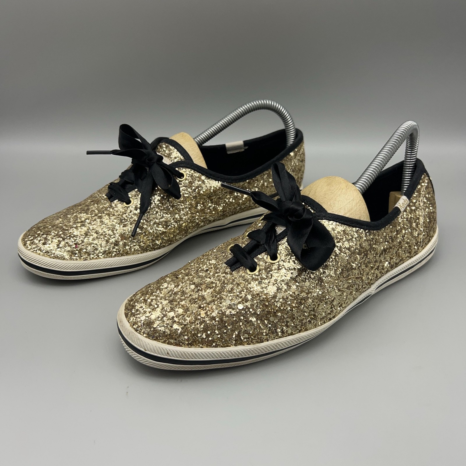 Keds x Kate Spade Shoes Womens Size 7.5 Gold Glitter Ribbon Lace Canvas Sneakers