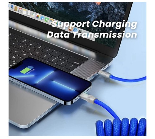 Spring Braided Silicone Charge Cable Coiled USB C Cable Fast Charging Blue+White - Picture 2 of 5