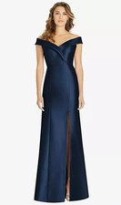 Alfred Sung Off-The-Shoulder Wedding Party Gown With Front Slit In Navy Size 8R
