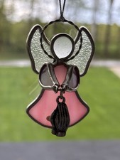 Vintage Stain Glass Leaded Pewter Praying Hands Pink Angel Sun Catcher Faith