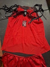 Secret Treasures: Lingerie- Red Black Cami  Boxers Trimmed In Black Lace/med