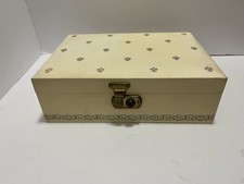 Vintage Cream Floral Wood Jewelry Box w/ Blue Lined Compartments, Latch Lid