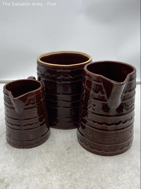 Marcrest Brown Daisy Dot Embossed Stoneware Serving Pitcher Set Of 3