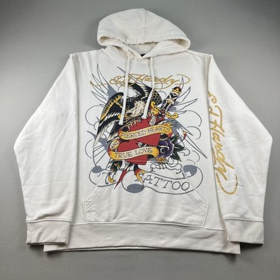 Ed Hardy Hoodie Sweatshirt Mens Large Cream Fleece Pierced Hearts Eagle Tattoo