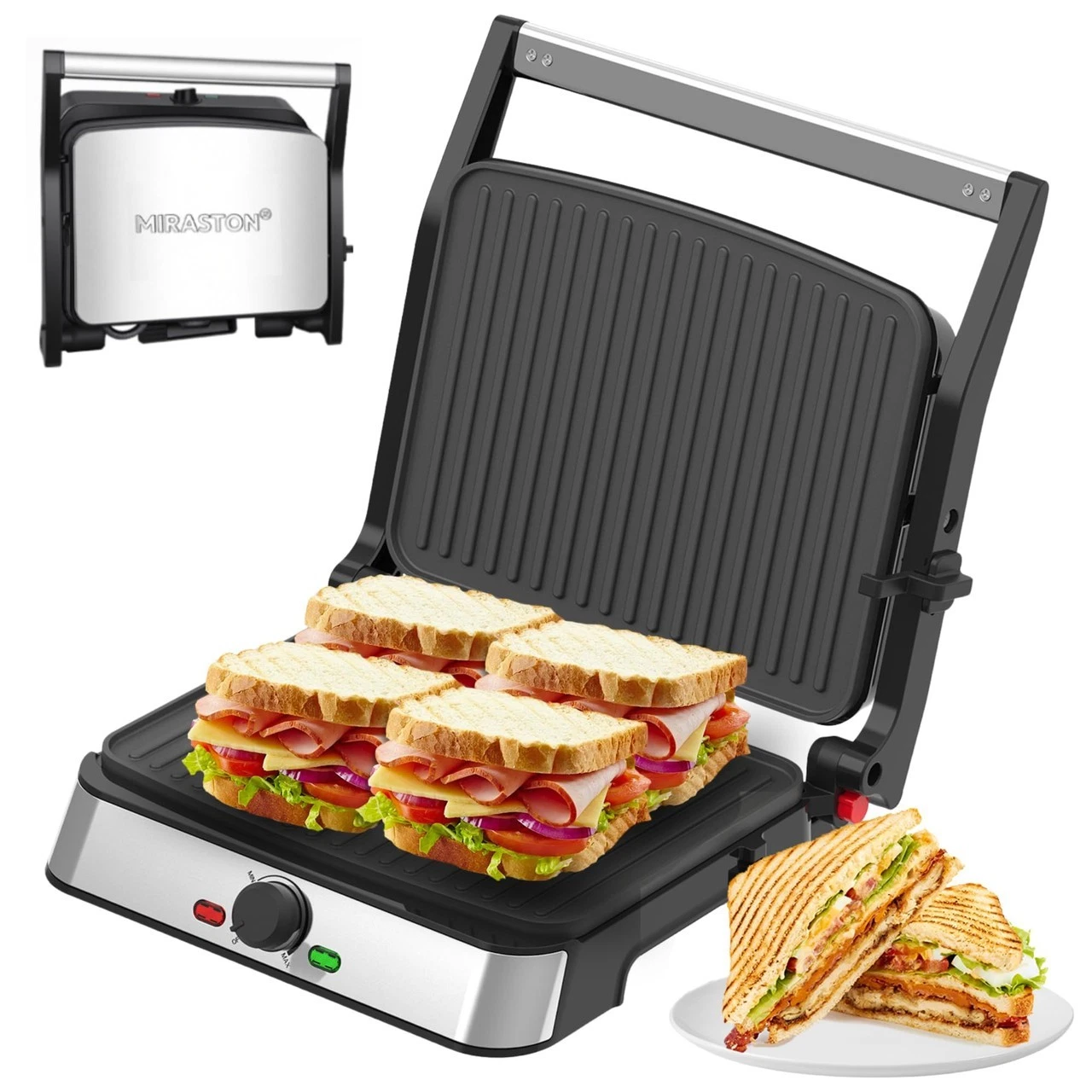 MIRASTON Electric Panini Press Grill and Sandwich Maker / 8.5" x 11" Non-Stick C