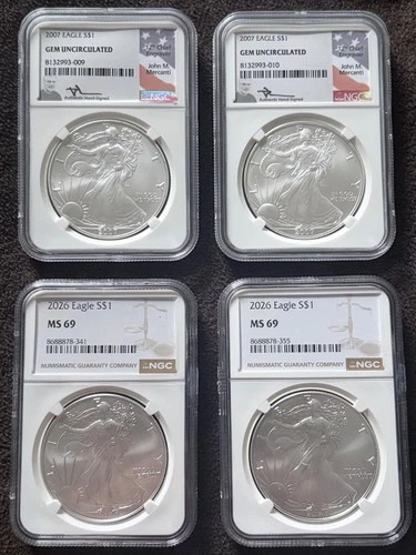 (4)American Silver Eagle Lot (2)2026 NGC MS69 (2)2007 Gem Uncirculated Mercanti
