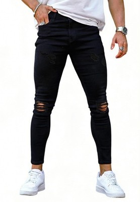 Ripped Jeans Men Stretch Men's Skinny Jeans with Holes Black 36W30L (36W x 30L)