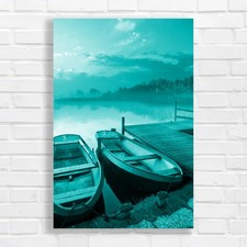 Lake and Docked Boats Teal Canvas Print Large Picture Wall Art