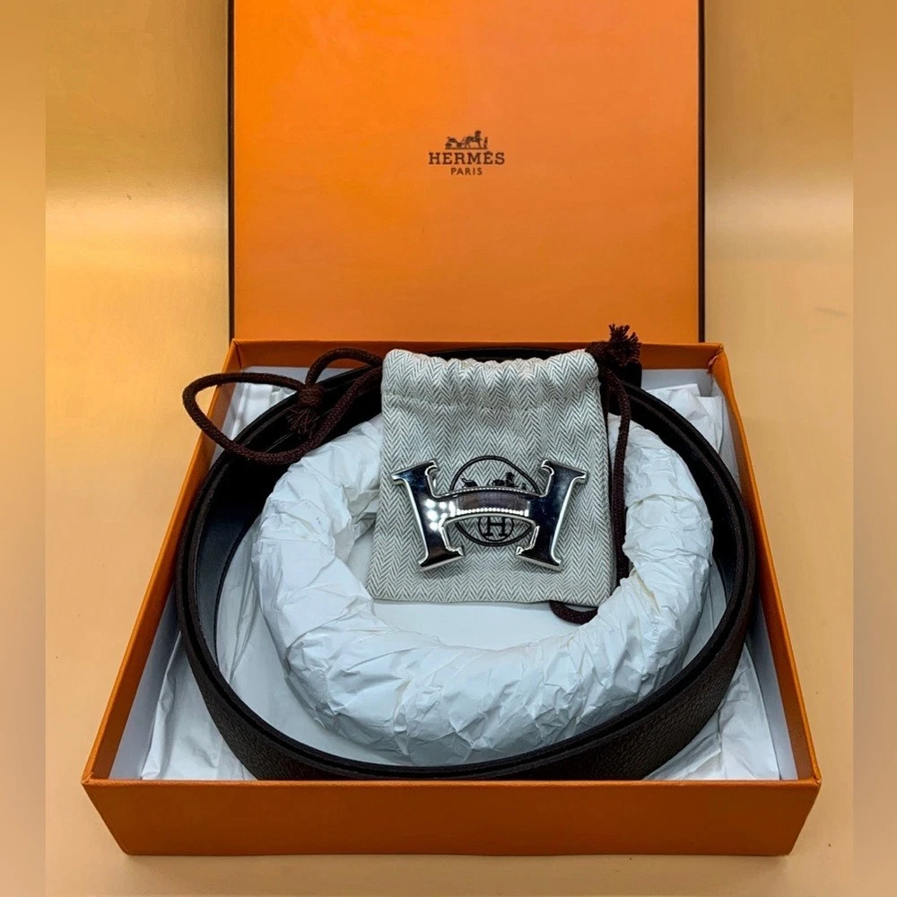 Hermes Roman Silver Hardware Buckle Leather Belt 50 HERMES Belt Leather Blue Silver Rectangular Buckle size 105  main image 4
