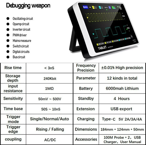 Osciloscopio Digital 2 Canales, 100MHz, 1GSa / S Pantalla LCD TFT Color 7 Pulgadas - Imagen 5 de 5