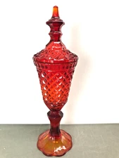 vintage L E Smith Amberina Urn Diamond Point MCM Glass Apothecary Jar with Lid