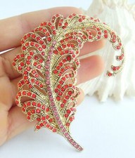 Elegant 3.35" Red Rhinestone Crystal Feather Brooch Pin Pendant 05065C5