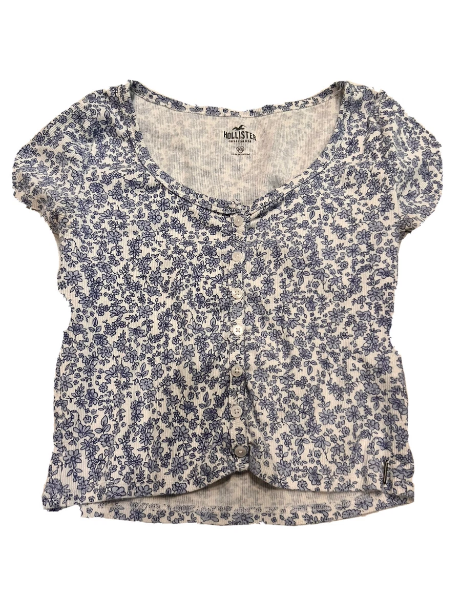 Hollister size XS floral button front crop top short sleeve v neck