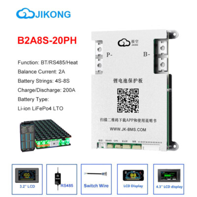 JK B2A8S20P Smart BMS Heat 4-8S 200A w/Active Balance Lifepo4 Li-Ion LTO Battery