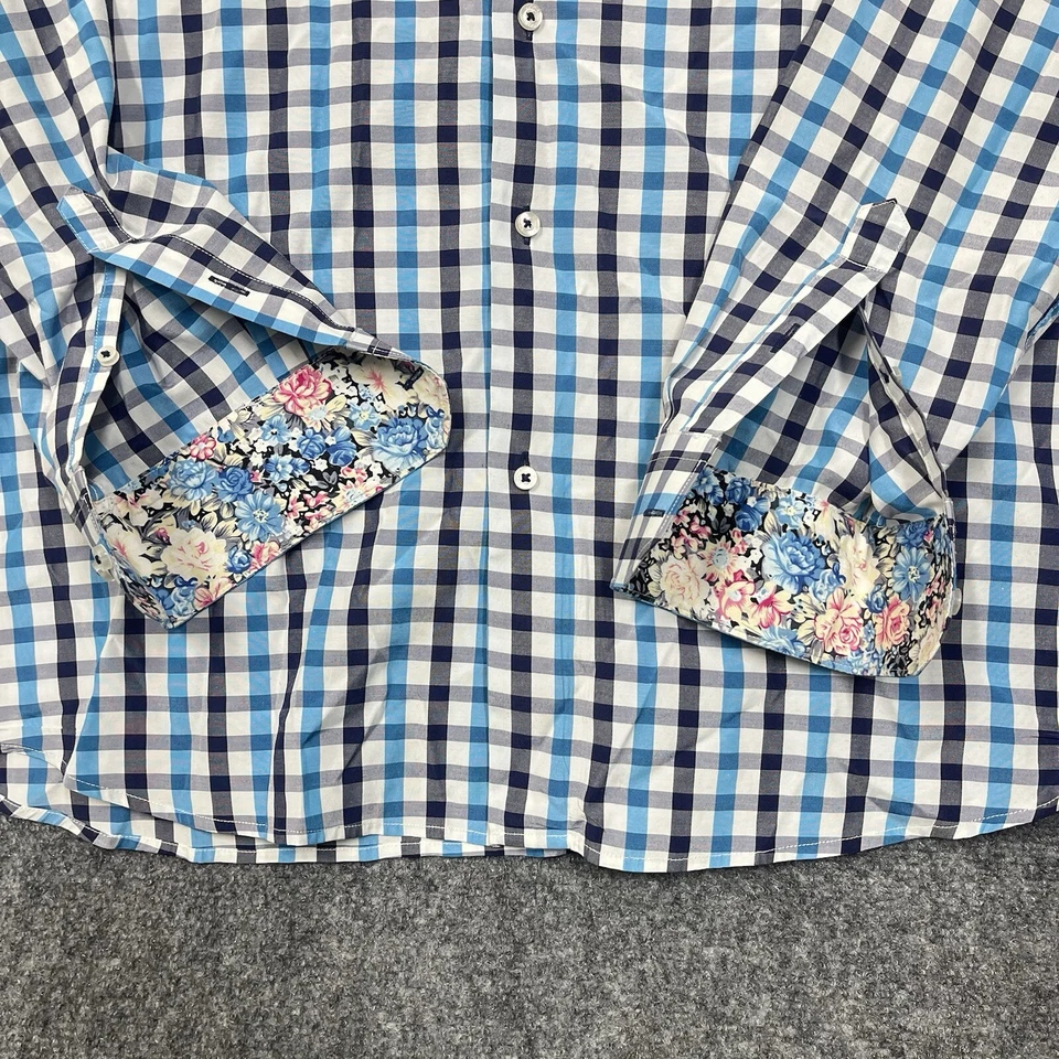 Coogi Shirt Mens XL Blue Black Flip Cuff Plaid Check Floral Button Up Colorful - Image 2 of 4