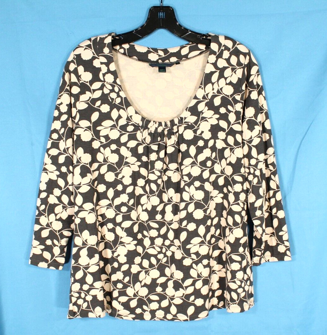 BODEN Black/Tan FLORAL PRINT 3/4 Sleeves GATHERED FRONT Knit Blouse/Top Sz 18