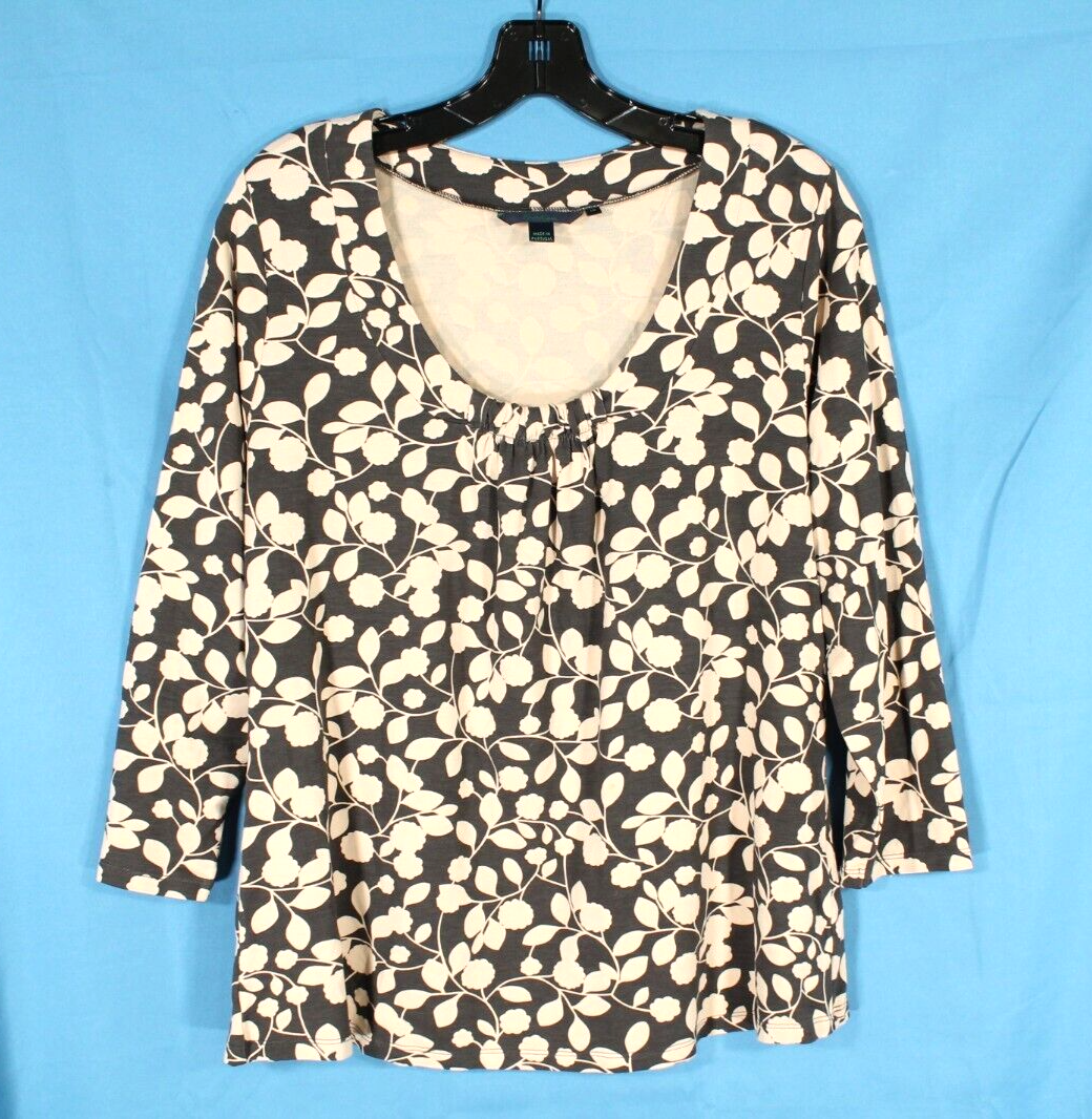 BODEN Black/Tan FLORAL PRINT 3/4 Sleeves GATHERED FRONT Knit Blouse/Top Sz 18