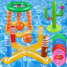 Pool Games Set-8 Inflatable Rings,Inflatable Basketball Hoop,Cactus Toss Game...