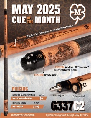 IN STOCK, McDermott G337 C2 Pool Cue, ''Leopard'' 12.5mm G-Core, FREE HARD CASE