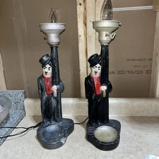 Vtg Pair MCM Charlie Chaplin Drunk Man Hobo Bar Table Light Lamp Post Ashtray