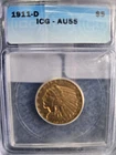 1911 D GOLD UNITED STATES $5 DOLLAR INDIAN HEAD HALF EAGLE PCGS ABOUT UNC 58