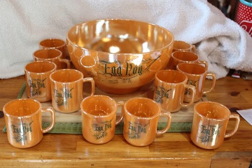 Vintage Fire King Peach Luster Punch Bowl 12 Cups