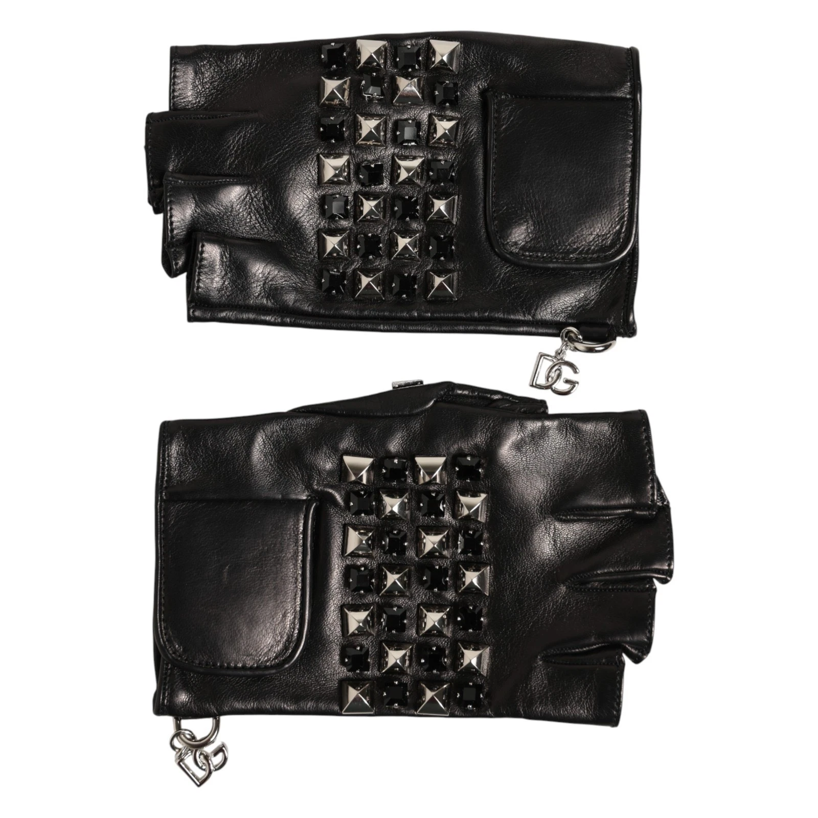 DOLCE & GABBANA Gloves Black Leather Studded Fingerless Hand Mitten Men 1220usd