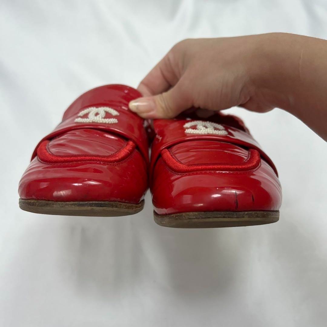 CHANEL Authentic Loafers Leather Patent Red Flat Shoes Coco Mark