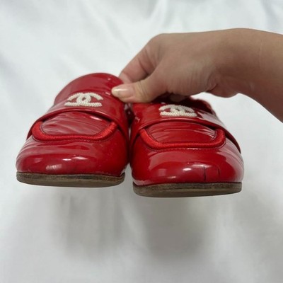 CHANEL Authentic Loafers Leather Patent Red Flat Shoes Coco Mark